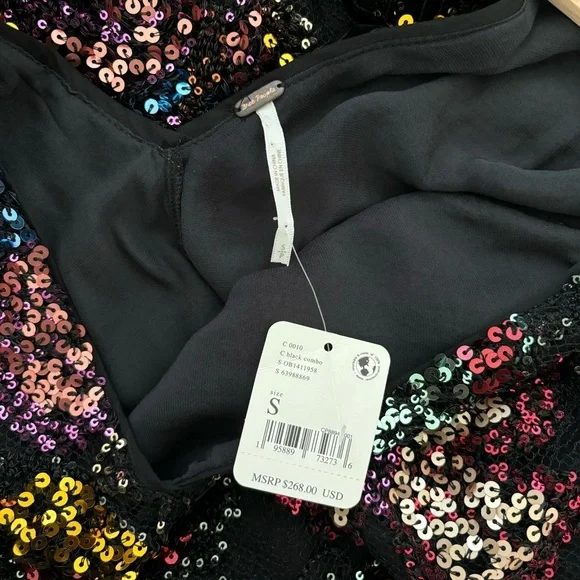 Free People Fly Me Away Mini Dress in Black Combo Butterfly Sequins RARE FIND S - Picture 7 of 10